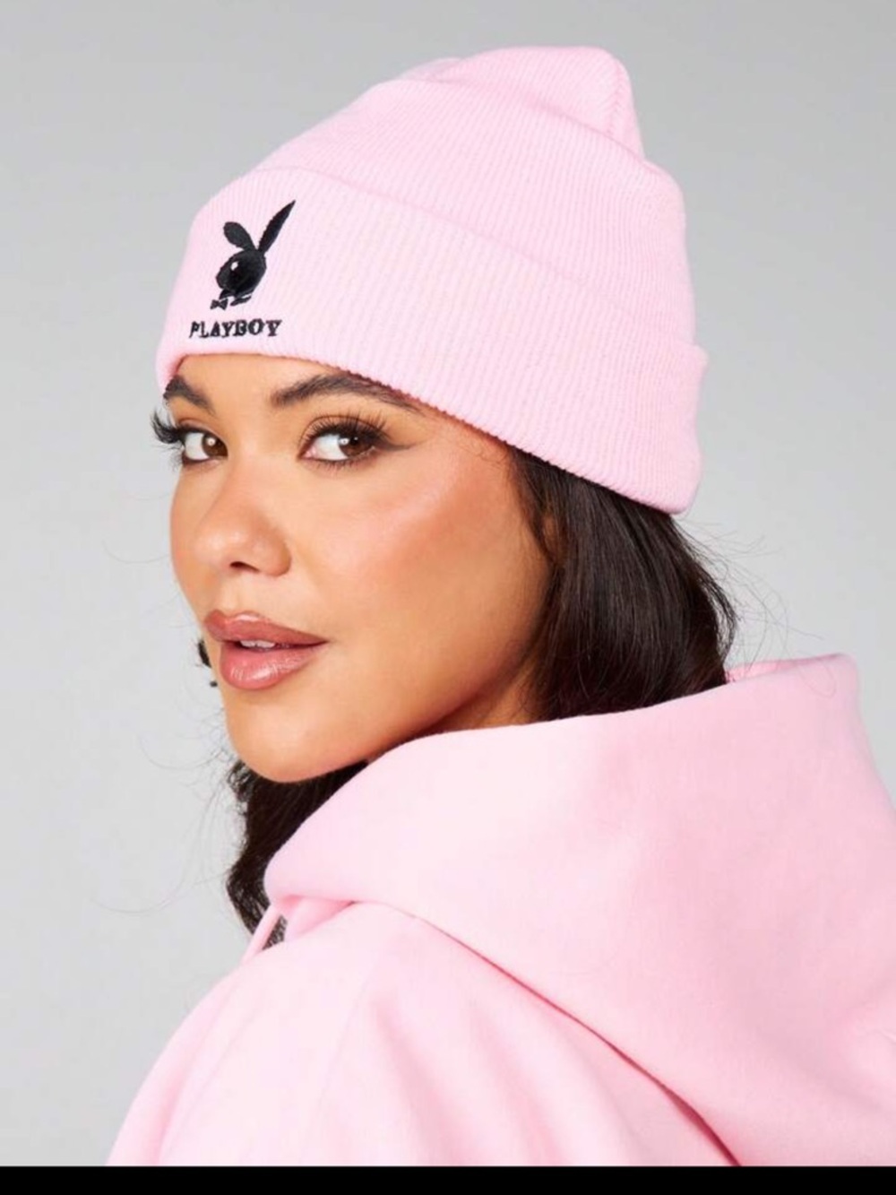 PLAYBOY Pink Ribbed Cuffed Beanie with Embroidered Logo